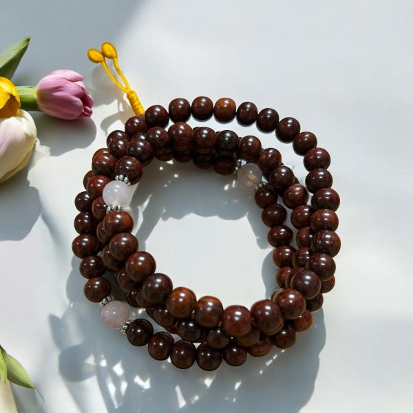 MALA LEGNO DI ROSA E QUARZO ROSA - 108 grani